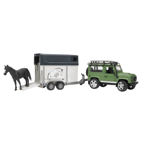 Bruder Landrover Defender met paardentrailer en paard