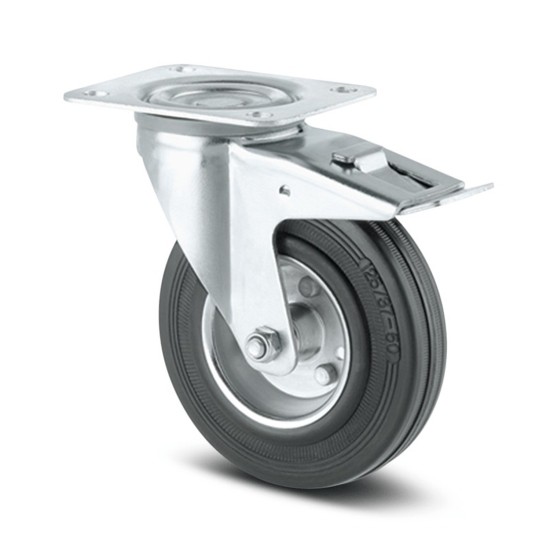 Zwenkwiel met plaat en rem zwart 100mm max 70kg Zwenkwiel met plaat en rem zwart 100mm max 70kg