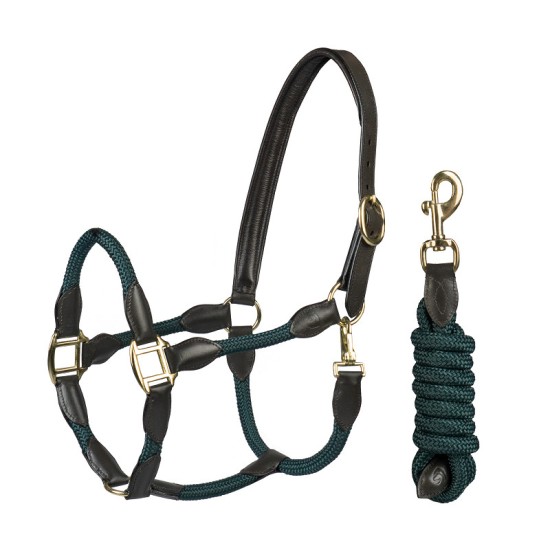 Halster set leer met touw bruin/groen Halster set leer met touw bruin/groen