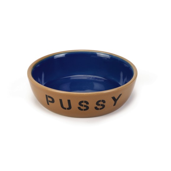 Keramiek voerschaal Pussy beige/blauw