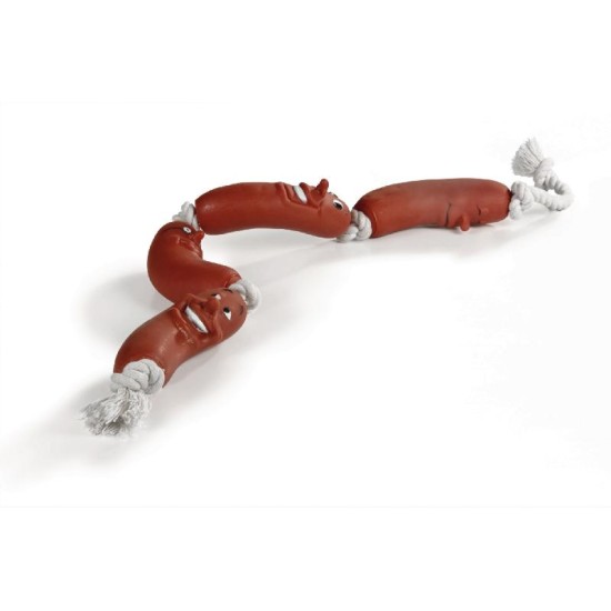 Vinyl hondenspeeltje worstjes aan een touw