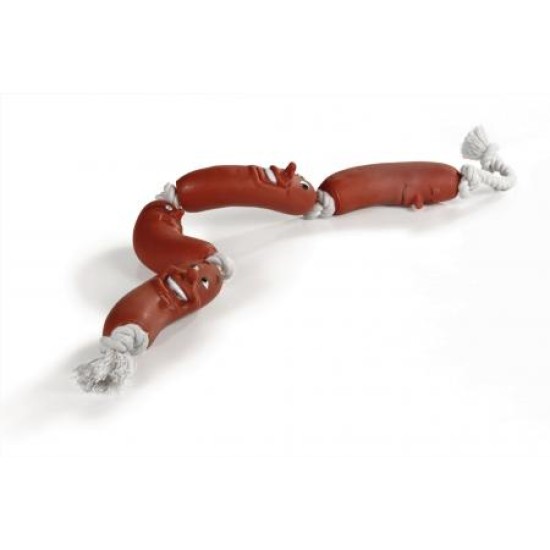 Vinyl hondenspeeltje worstjes aan een touw