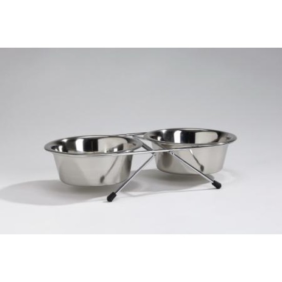 Standaard met 2 eet-/drinkbakjes RVS 0,9L