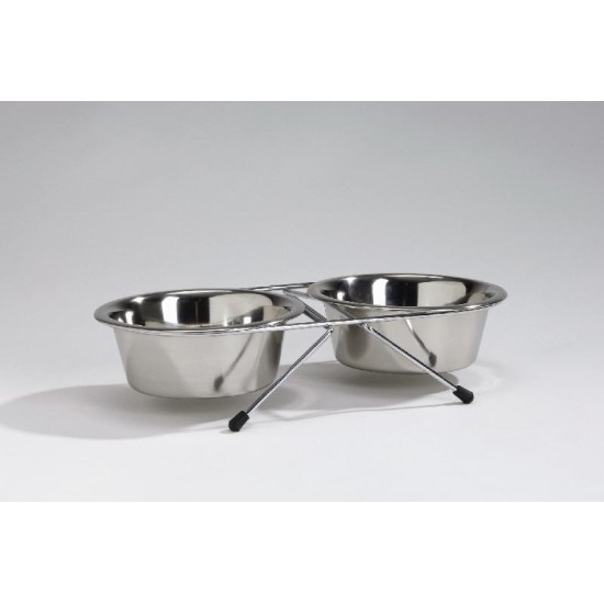 Standaard met 2 eet-/drinkbakjes RVS 0,9L